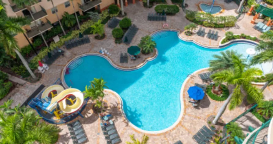 Wyndham Palm a resort-style swimming pool with lounge chairs, palm trees, and water slides