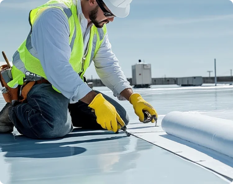 Advanced Roofing crew installing TPO membrane on a Miami commercial roof replacement