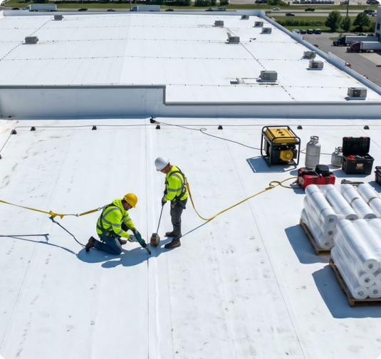 Commercial roof coating in Miami being applied to a low-slope membrane
