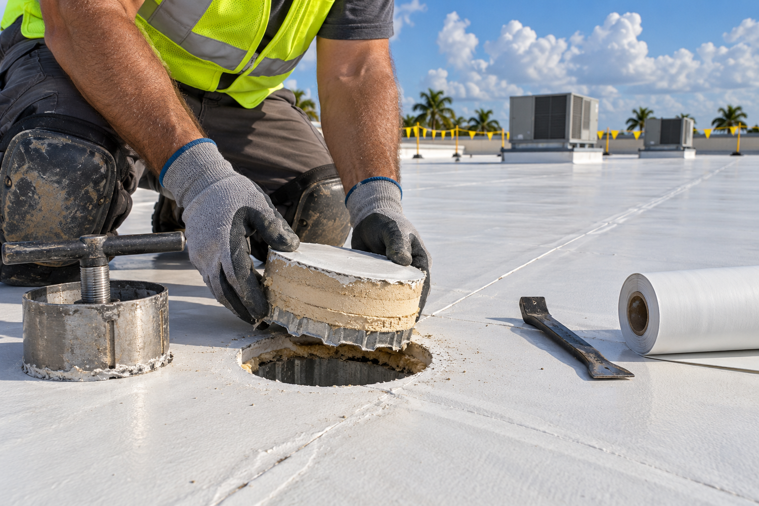 Dry, aged modified bitumen commercial roof on a Florida retail building with an alligatored cap sheet and a section of metal edge flashing lifting at the roof perimeter