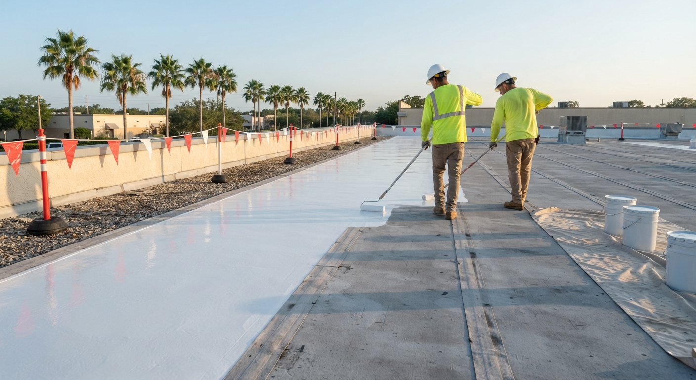 Crew roller-applying a white commercial roof restoration coating in Florida over fabric-reinforced seams, with uncoated gray membrane beside the finished area