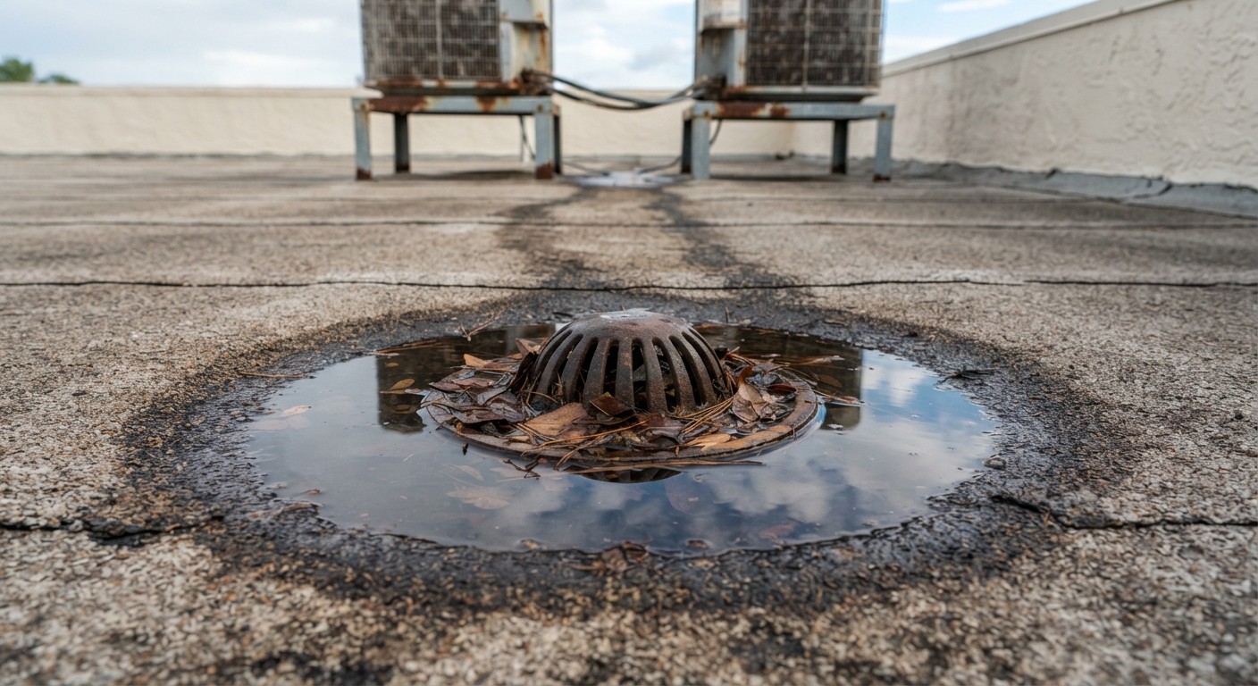 Standing water around a partly clogged roof drain on an aging modified bitumen condominium roof, with granules worn away along the path to rooftop air conditioning condenser stands