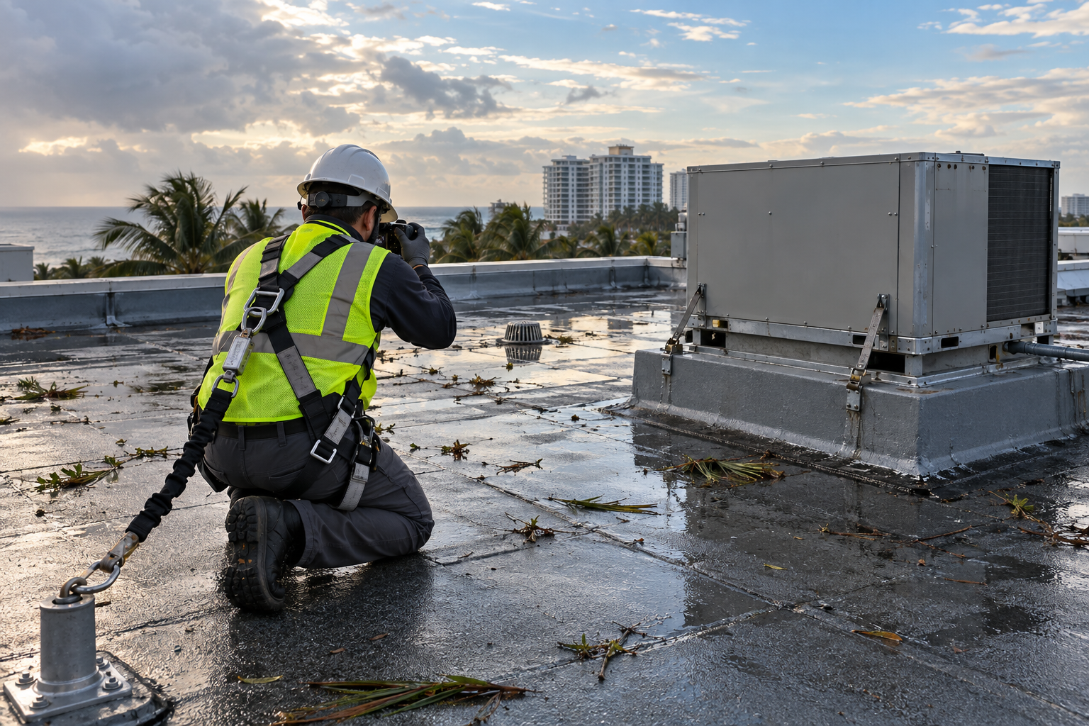 Roof inspector documenting a rooftop HVAC unit and its tie-down straps on a wet commercial roof the morning after a tropical storm in Florida.