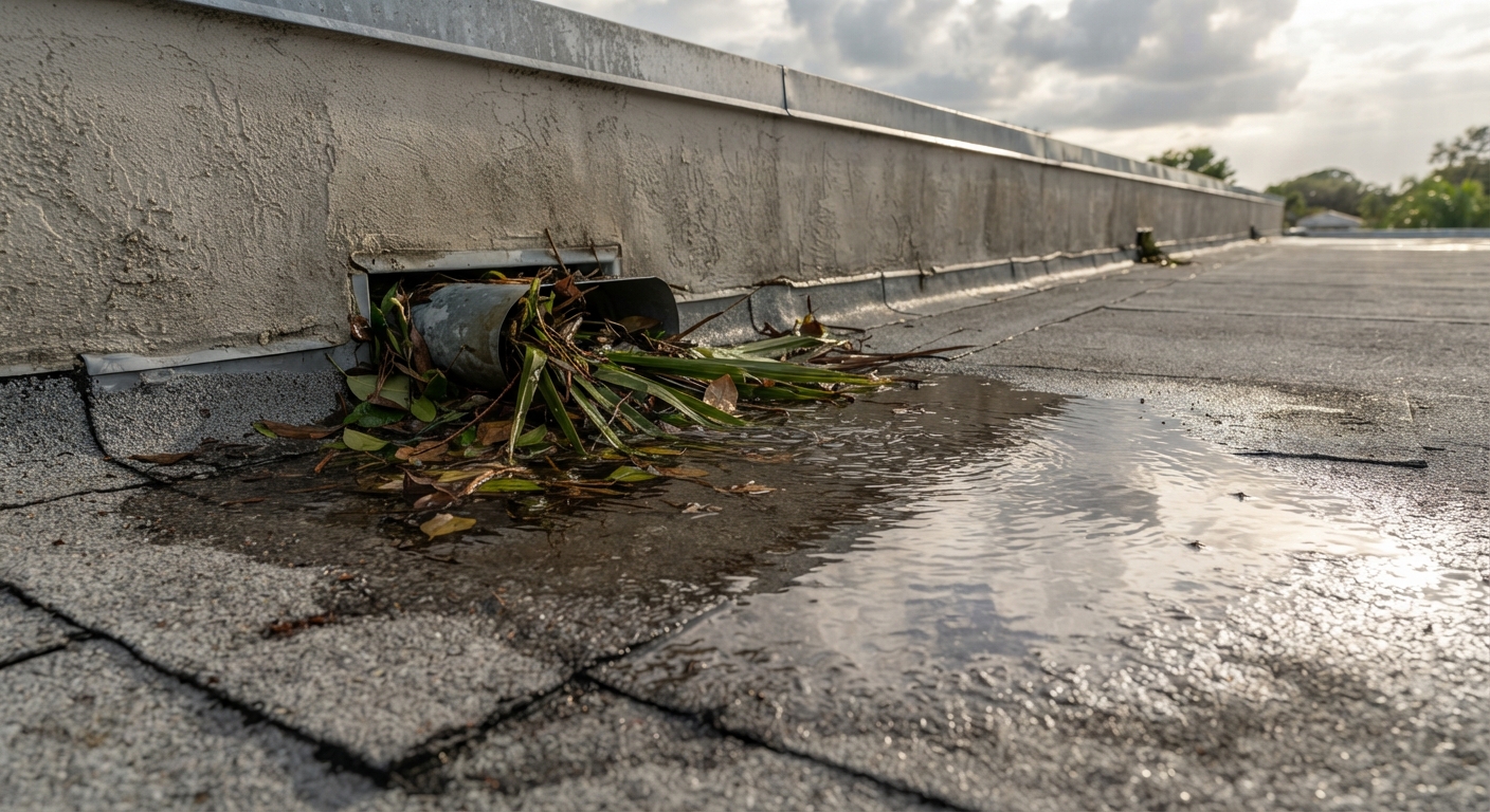 Palm frond and storm debris blocking a scupper on a modified bitumen commercial roof in Florida, with ponding water spreading across the roof after a storm