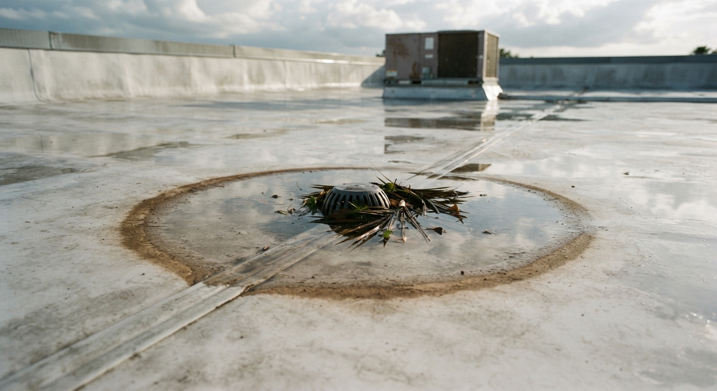 Shallow ponding water around a partly clogged roof drain on an aged white single-ply membrane on a Florida commercial roof after an afternoon storm