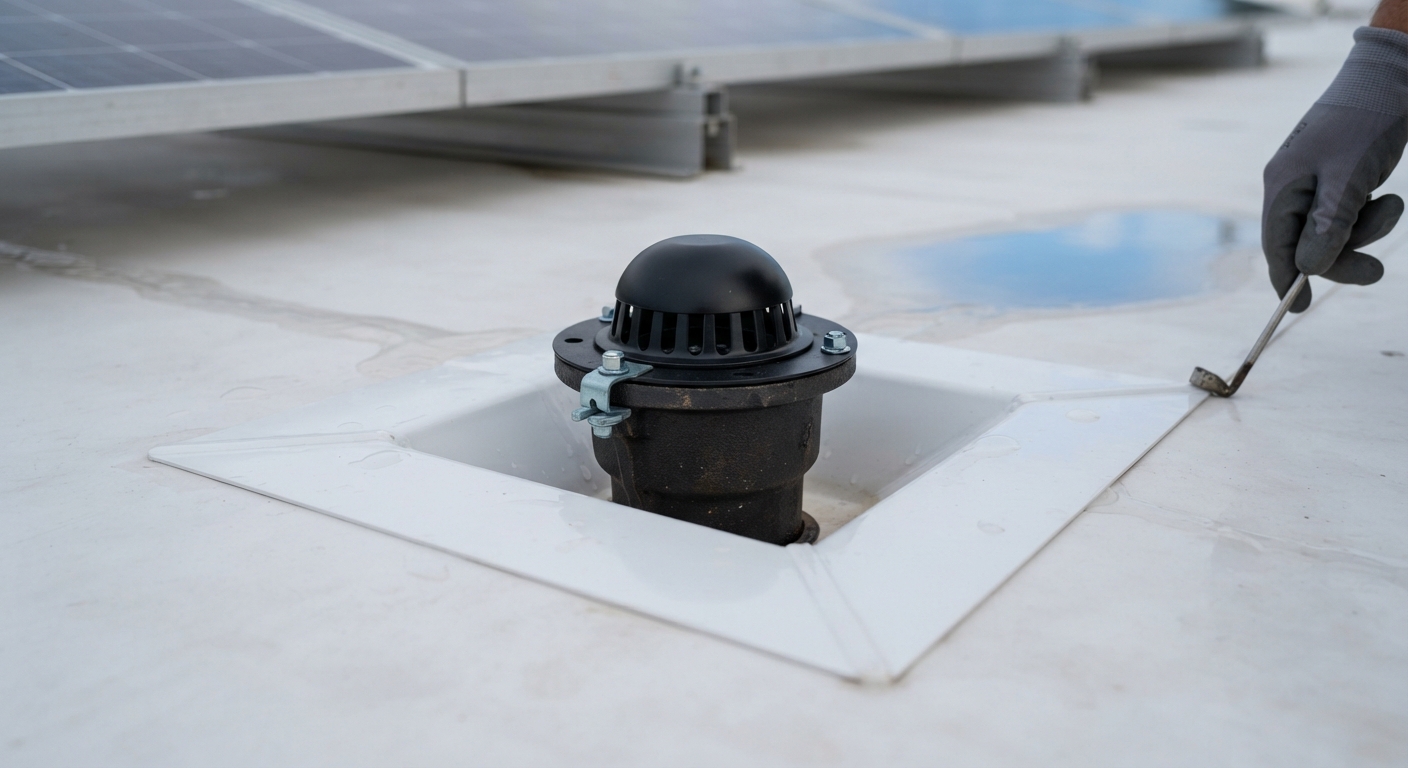 New roof drain with a dome strainer flashed into a white PVC membrane during a commercial reroof, with solar racking out of focus in the background