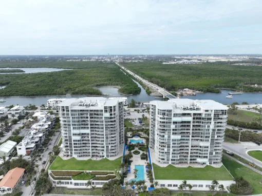 Aerial view of The Renaissance on the Ocean North and South Towers in Hollywood, FL after a modified bitumen re-roof