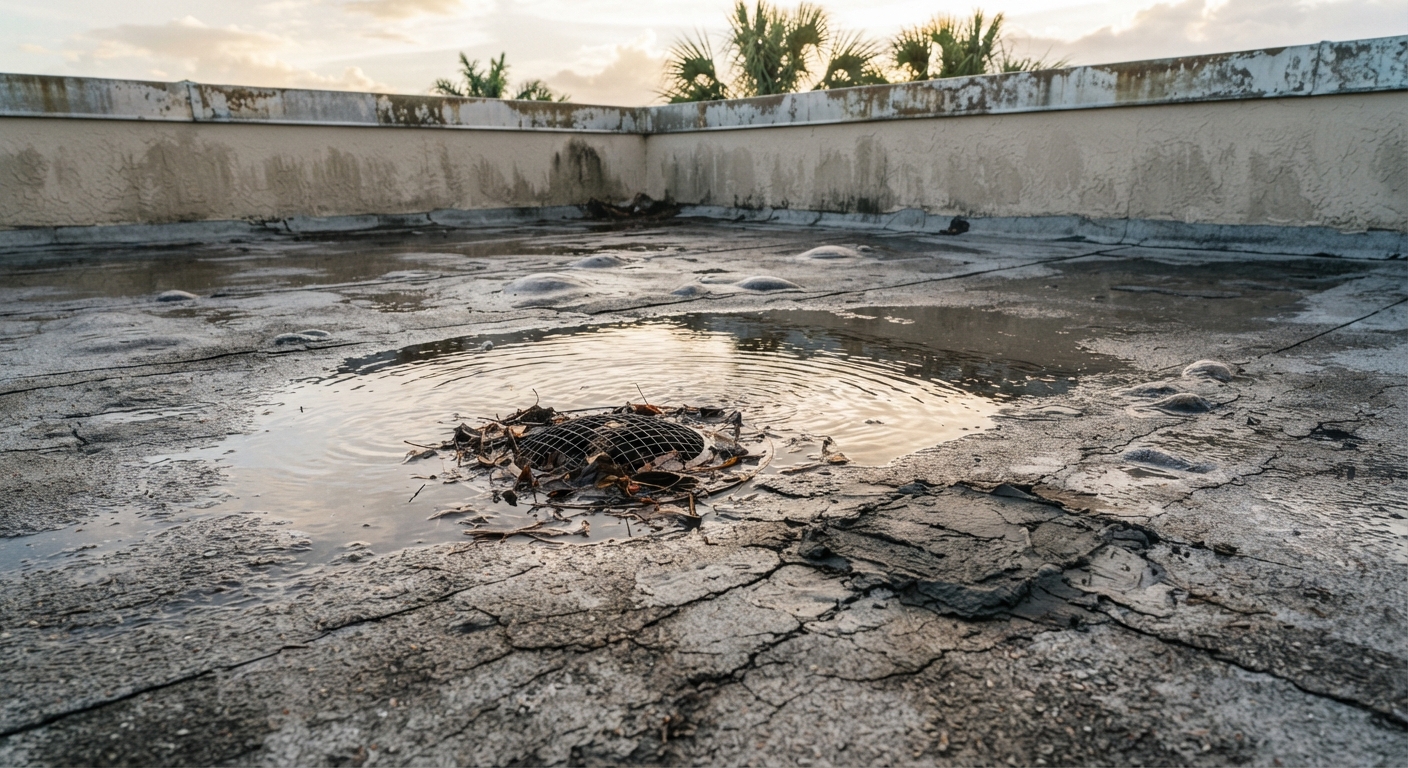 Standing water around a partly clogged drain on an aging modified bitumen commercial roof, with blistered and cracked cap sheet nearby