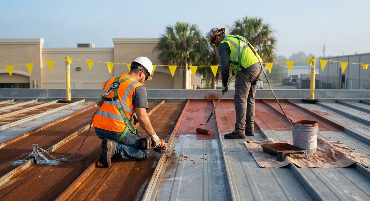 Roofing technicians power-brushing rusted fastener rows and priming a commercial metal roof during a coastal metal roof restoration in Florida