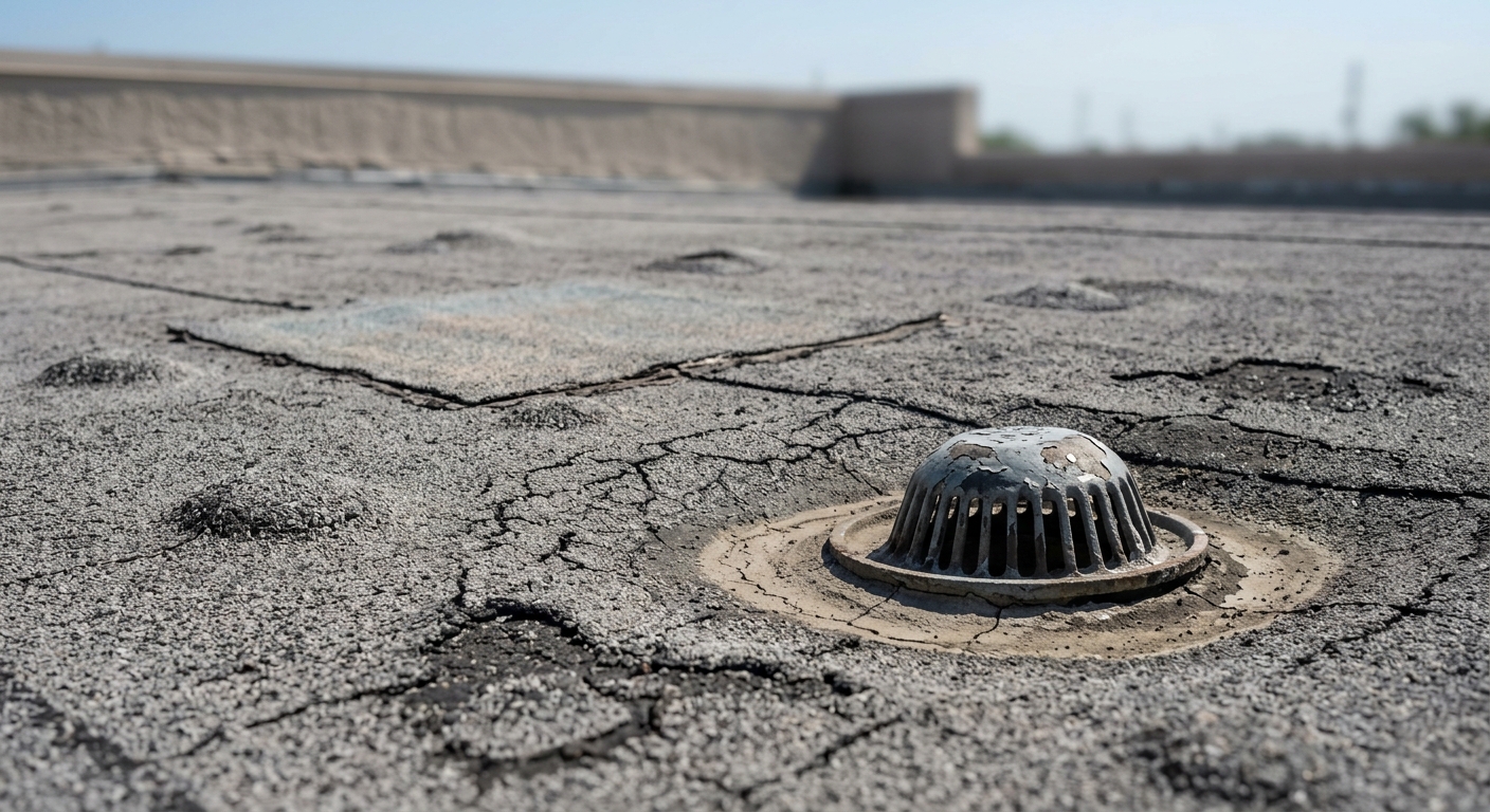 Blistered and alligatored modified bitumen cap sheet beside a roof drain, a typical finding in commercial roof asset management surveys of aging Florida roofs