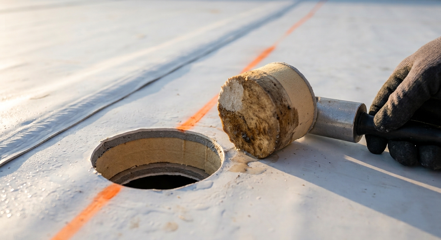 Core sample cut from a commercial roof showing damp polyiso insulation under the membrane, used for wet roof insulation detection after a moisture survey