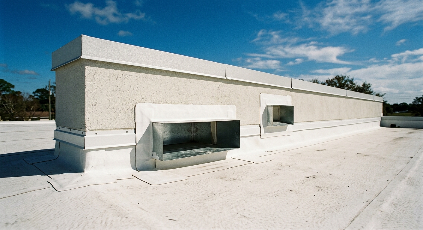 Commercial roof scuppers in a Florida parapet: a primary scupper set level with a white single-ply roof and a smaller overflow scupper mounted a few inches higher in the same wall