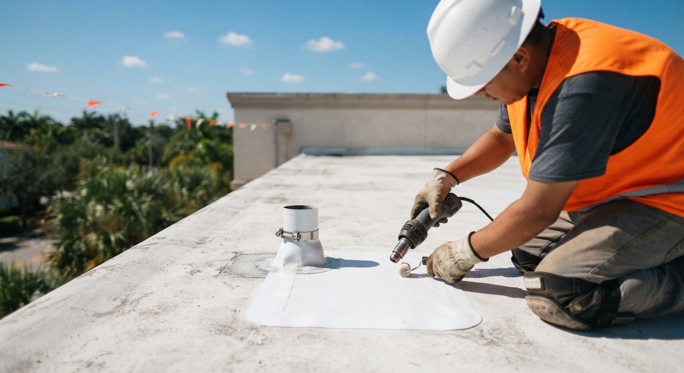 Roofer heat-welding a new TPO patch over a repaired area beside a flashed pipe penetration on a South Florida commercial roof