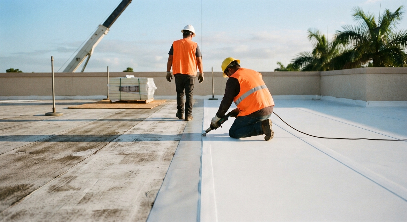 Roofing crew heat-welding new white membrane where a replaced roof section ties into the existing roof on an occupied Florida commercial building