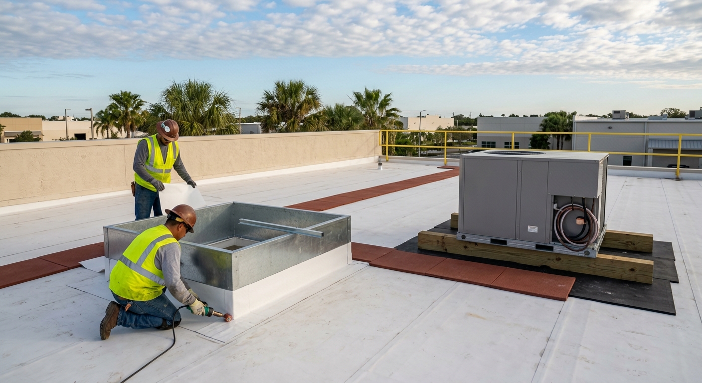 Roof curb waterproofing during a rooftop unit change-out: two roofers heat-weld new TPO base flashing onto an extended equipment curb while the unit rests on protected dunnage