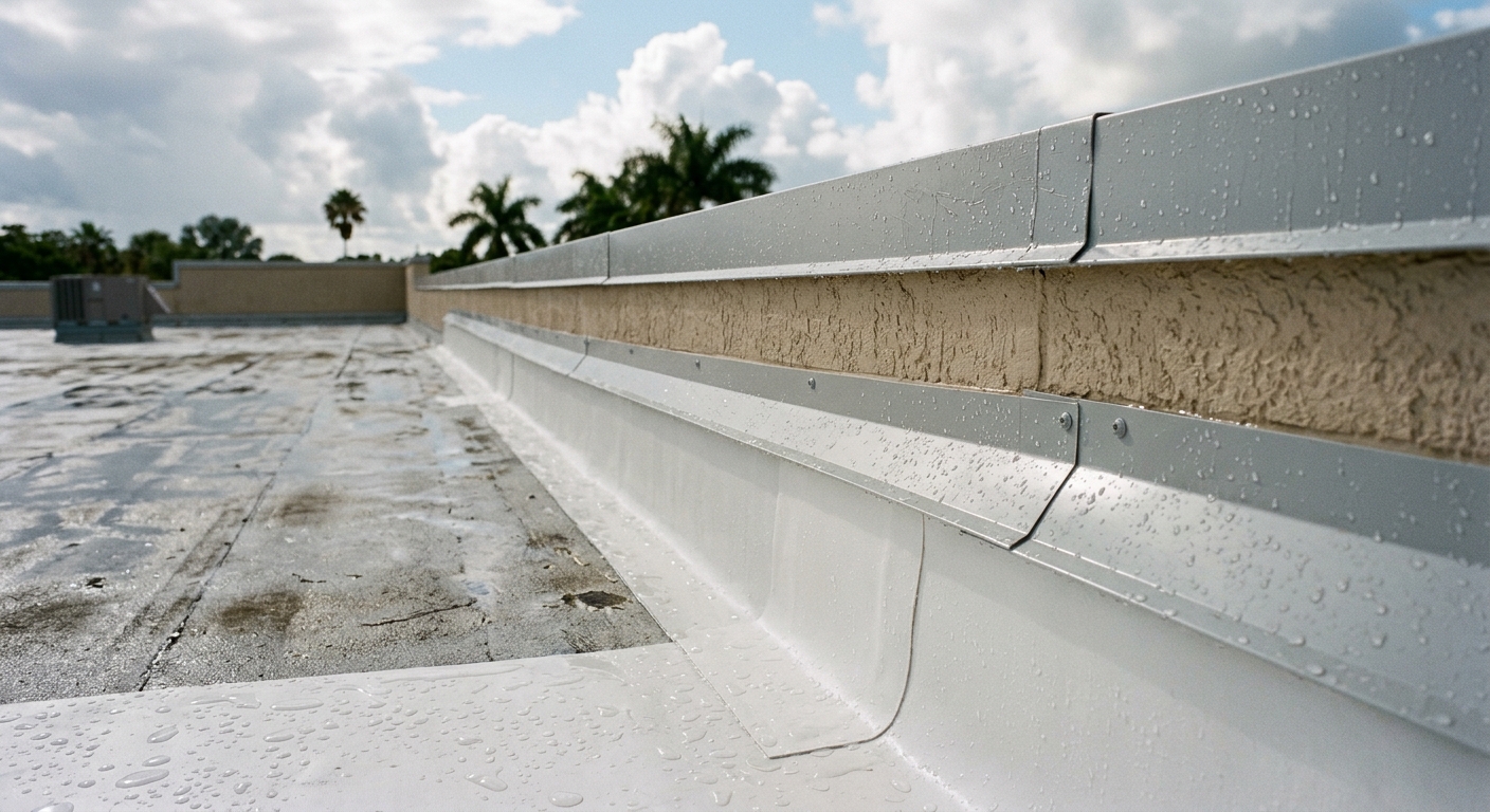 New metal coping, counterflashing and welded base flashing on a commercial parapet, items a roofing scope of work should list.