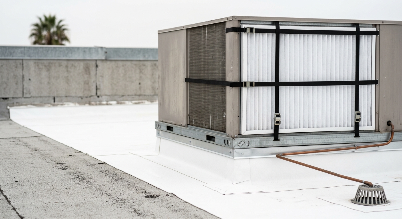 Temporary filter media over a rooftop unit's outside-air intake beside new membrane curb flashing, used to limit roof construction disruption from odors during an occupied reroof