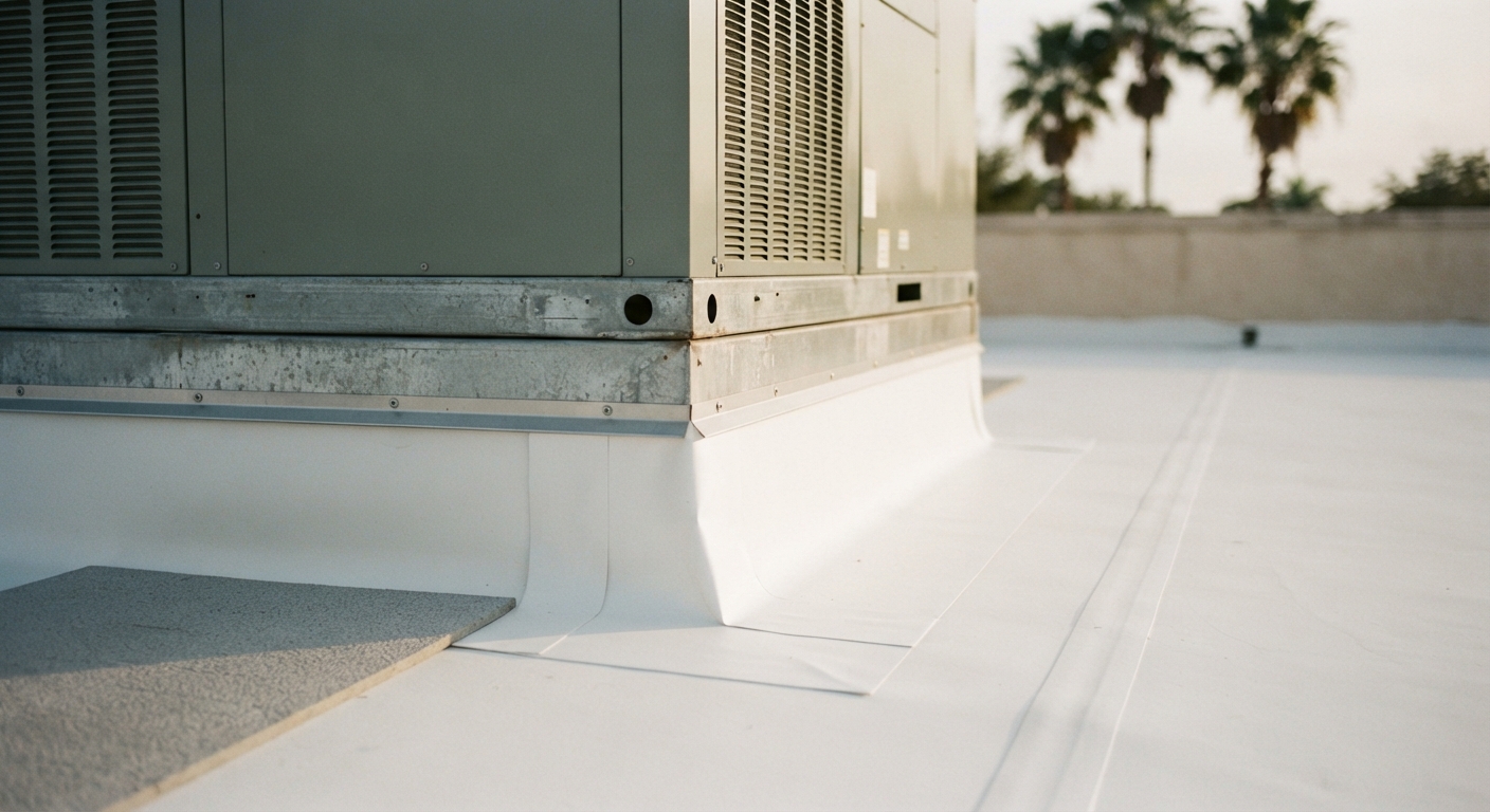 Close view of new membrane flashing and metal counterflashing wrapped around a rooftop HVAC unit curb on a newly installed Florida commercial roof