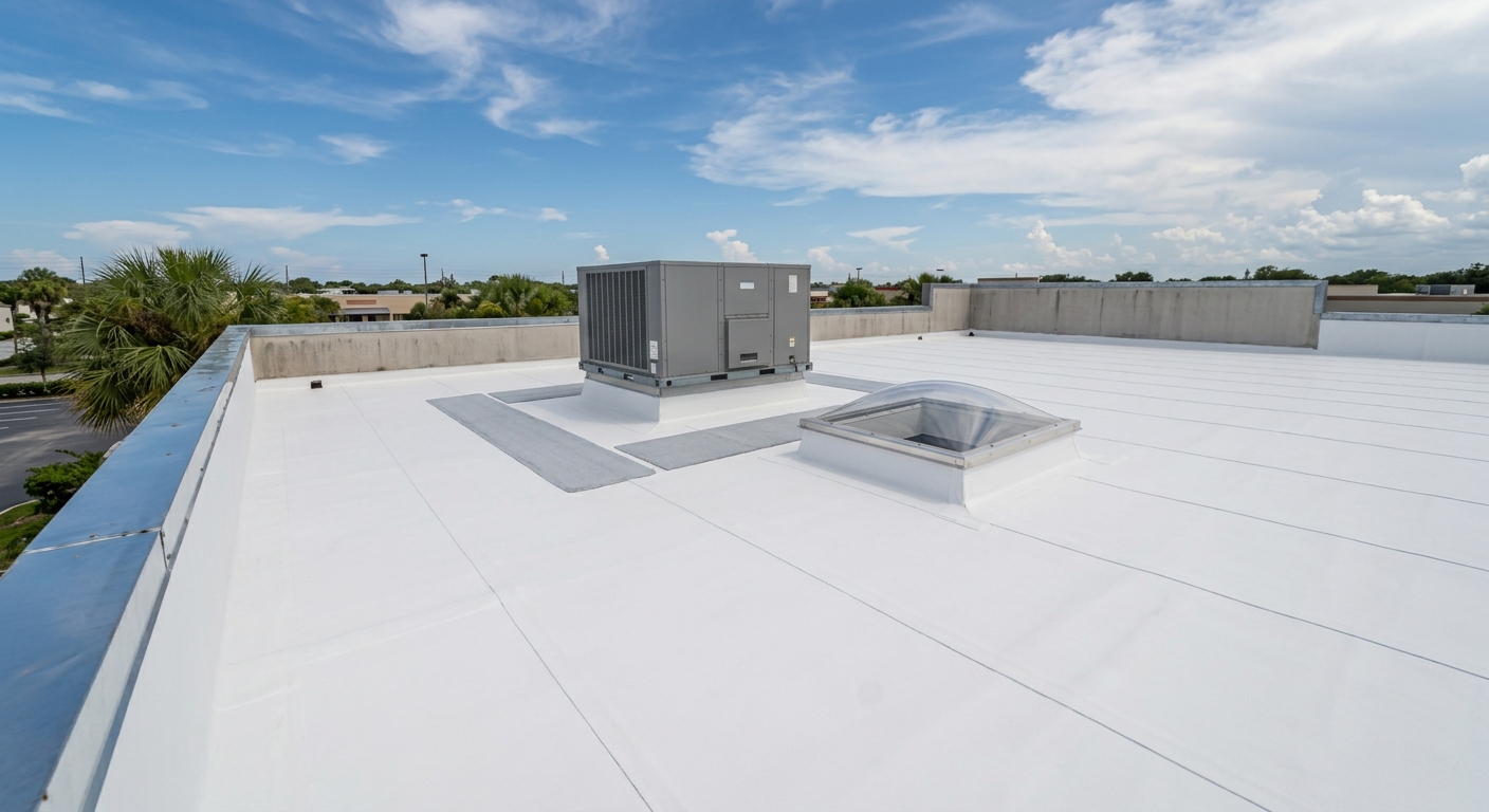 Packaged rooftop unit a few feet from a low parapet beside an unguarded skylight on a Florida commercial roof, a common roof access safety gap