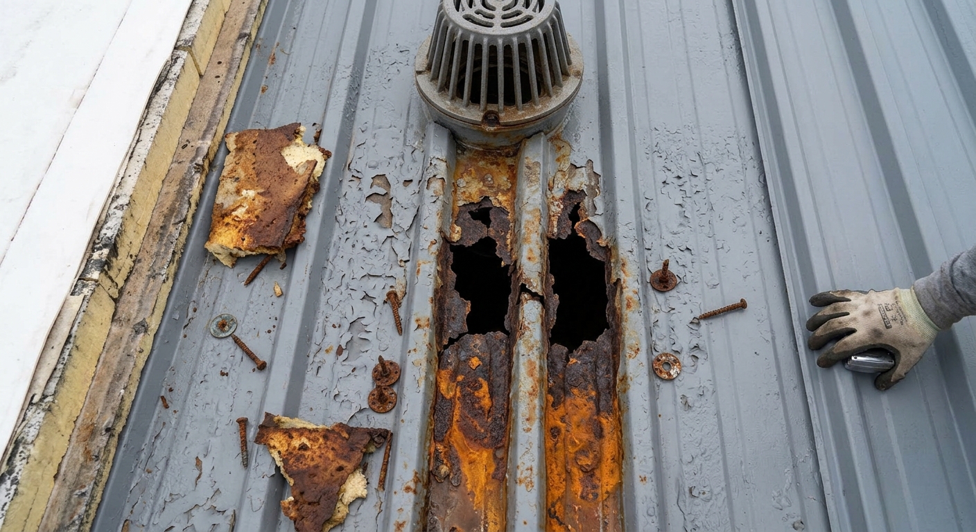 Rusted steel roof deck exposed at tear-off near a roof drain, with perforated flutes and corroded insulation fasteners on a Florida commercial roof