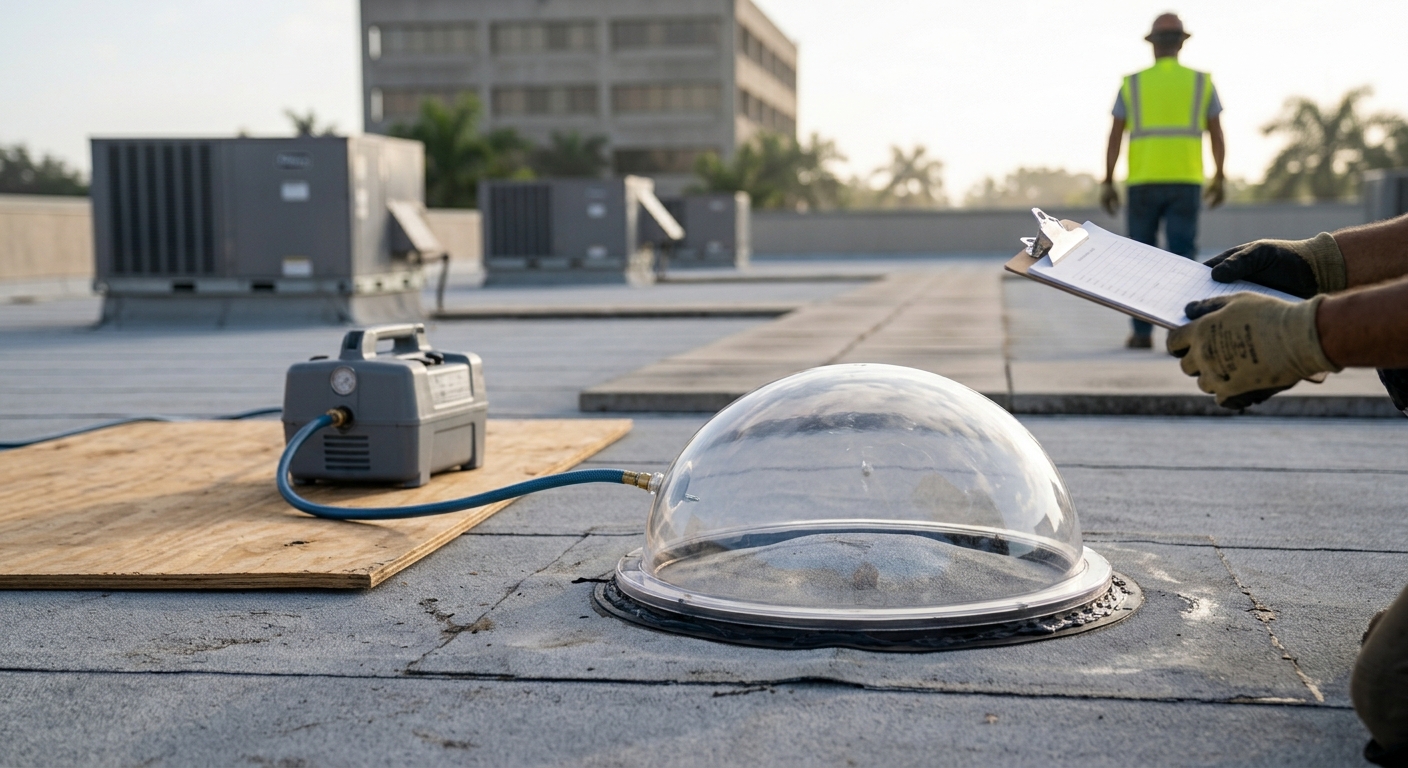 Field uplift test chamber sealed to an existing membrane on a Miami office roof, used to verify HVHZ roofing requirements before a recover
