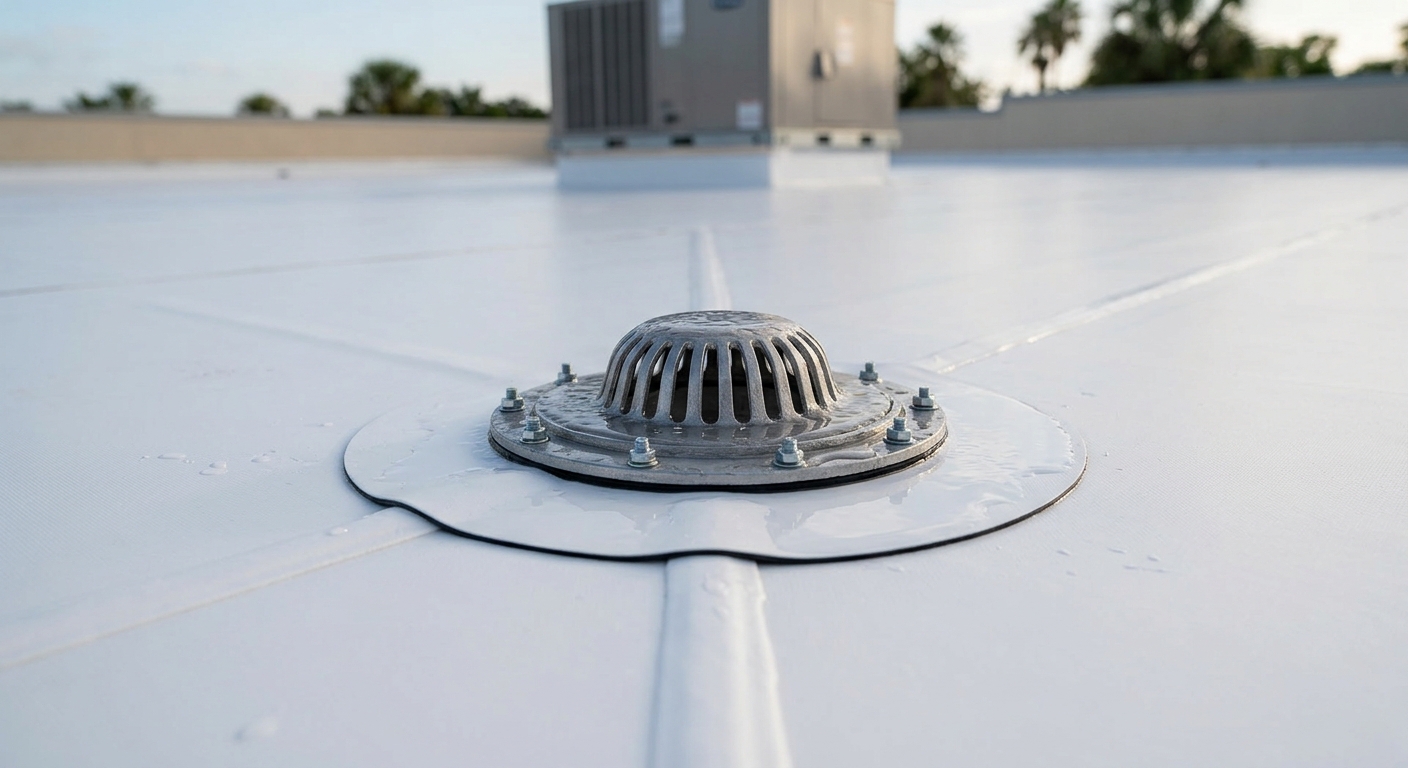 New roof drain with a metal strainer at the low point of a white TPO roof, where tapered insulation slopes the membrane toward the drain, a drainage detail that affects TPO roof life expectancy