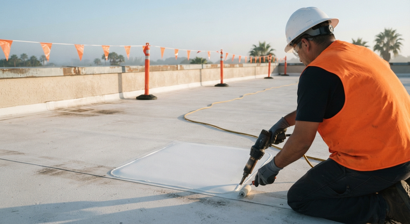 Roofing technician hot-air welding a new TPO cover patch over an aged seam with a hand-held welder and seam roller during a TPO seam repair on a Florida commercial roof