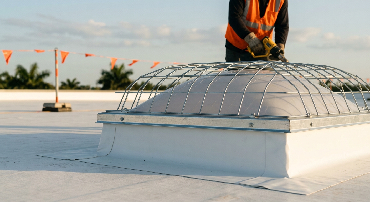 Skylight with a steel safety screen and new white membrane curb flashing during a warehouse roof renovation